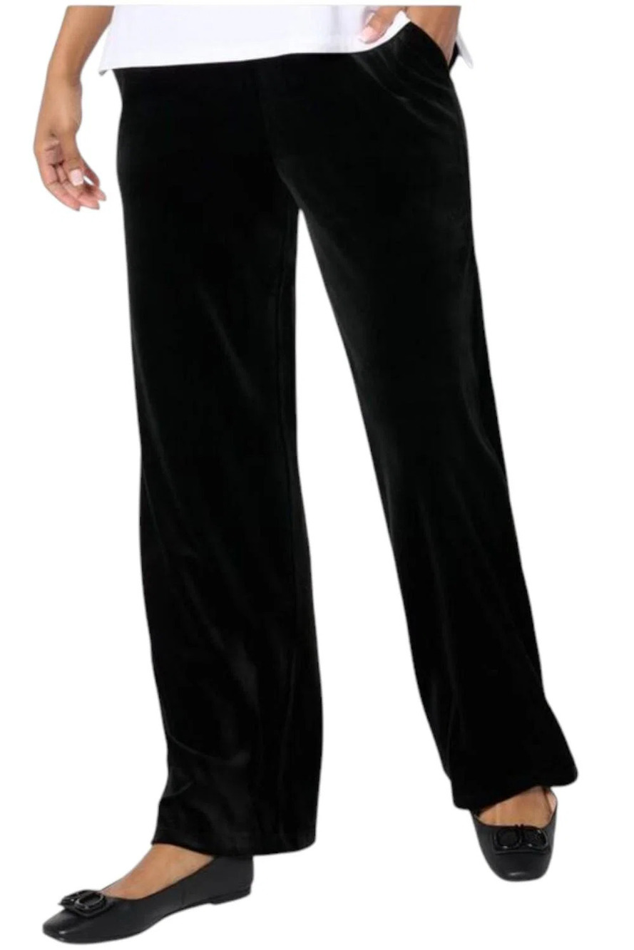 Denim & Co. Women`s Knit Velvet Full Length Wide Leg Pant Blk - Regular